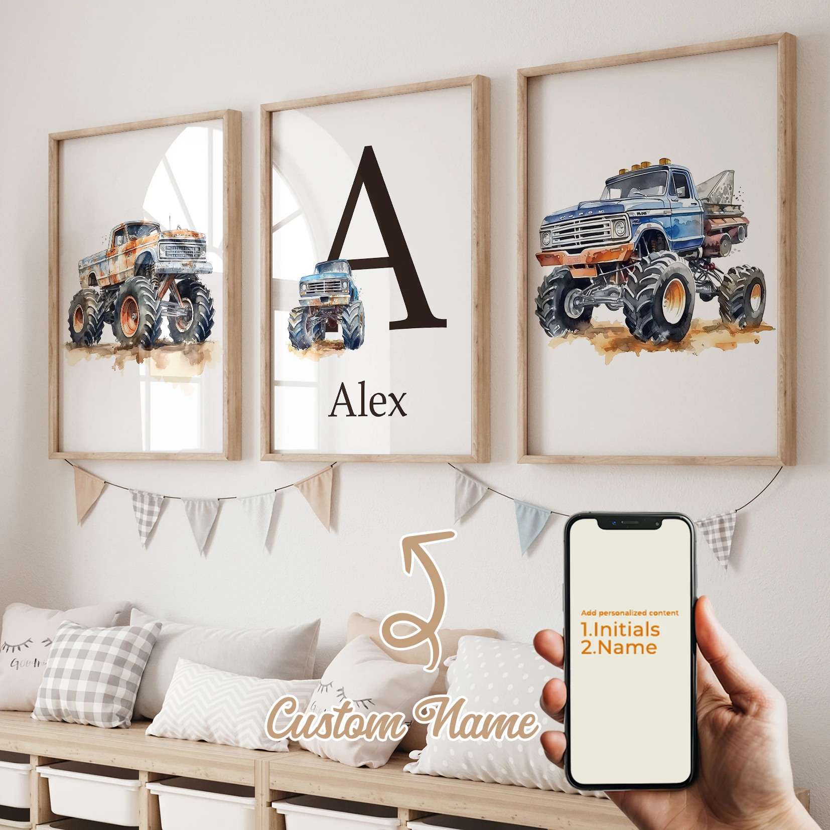 

Modern Personalized Name Custom Blue Yellow Monster Truck Wall Art Print Canvas Painting Poster Picture For Kids Room Home Decor