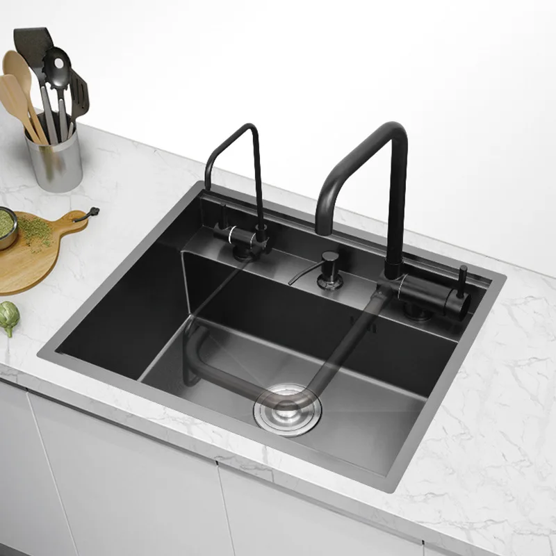 Nano Black/Brushed Nakajima Bar Sink Hidden Kitchen Sink 304 Stainless Steel Single Groove Invisible with Cover