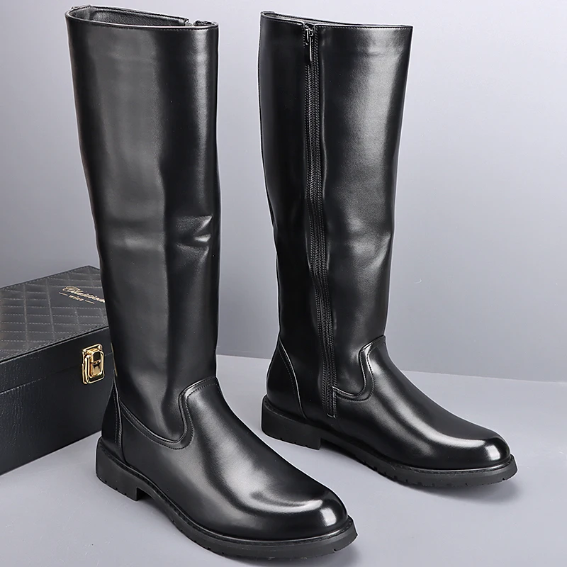 

mens luxury fashion stage nightclub high motorcycle boots black original leather shoes cowboy autumn winter long knight botas