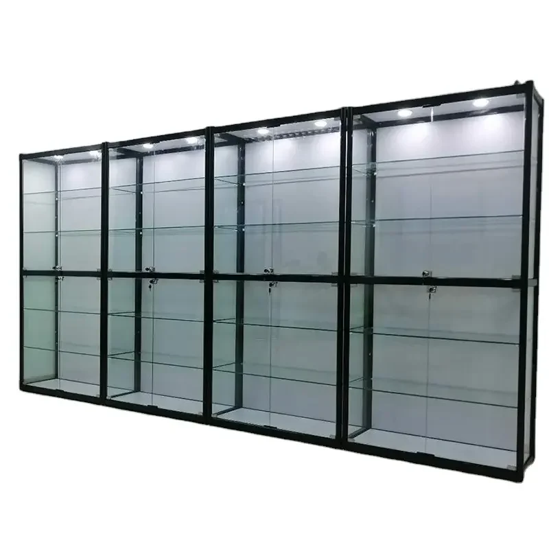 4 pieces，Full Wall Glass Display Cabinet Removable Glass Shelves Showcase with Led Lighting for Smoke Shop