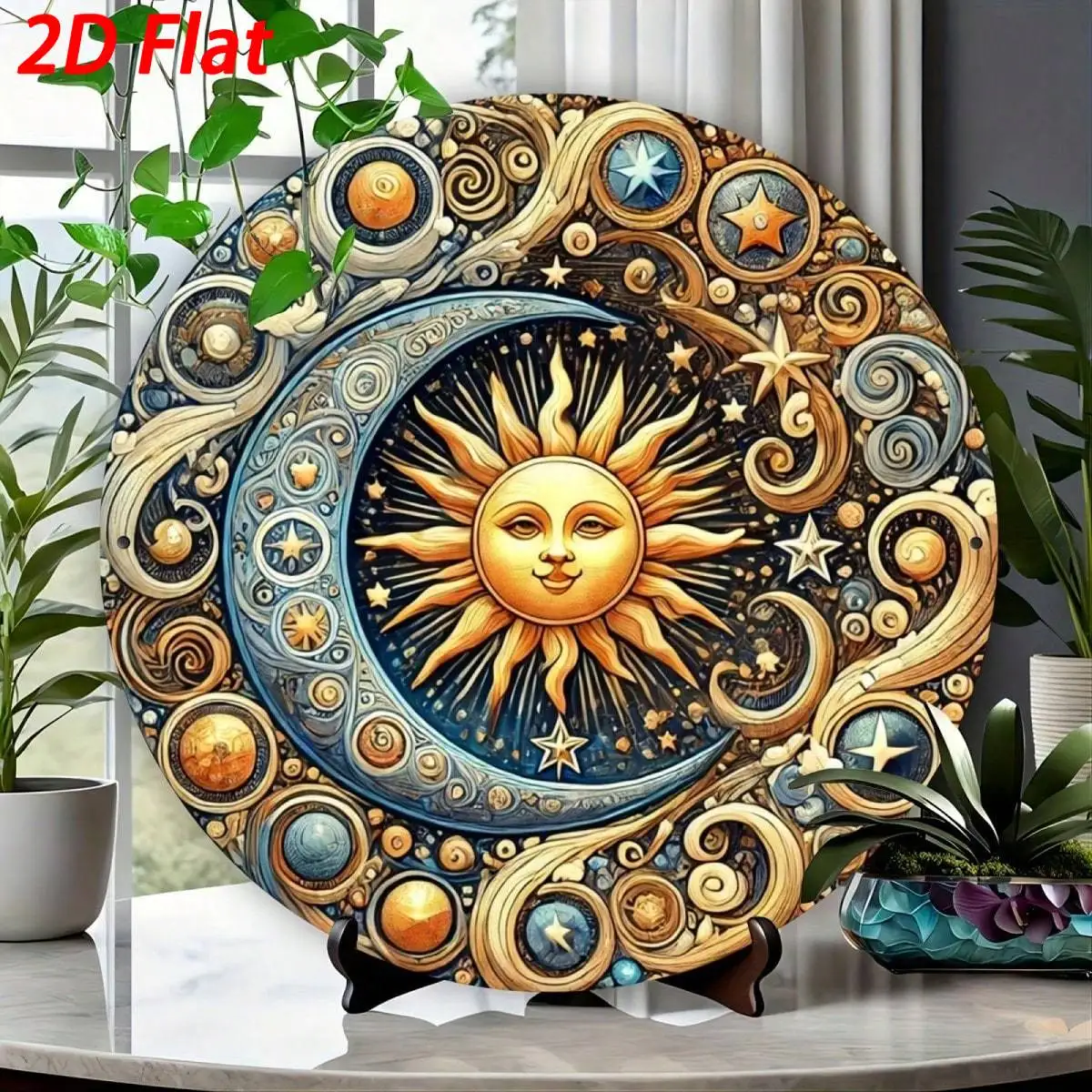 Iron Sun Moon Wall Art 8x8 Inch, Metal Celestial Decor for Home Office