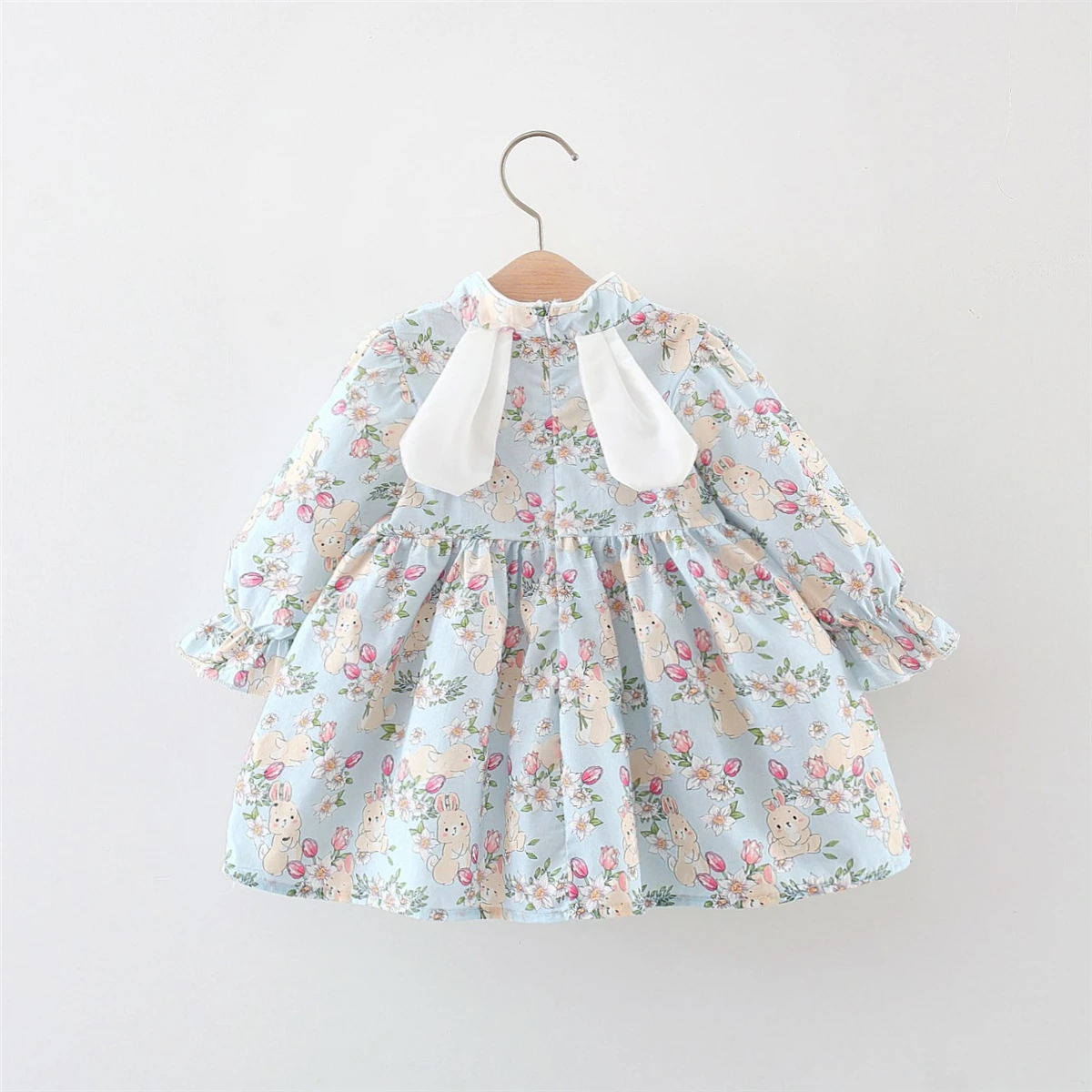 Baby Girl Chinese Style Cheongsam Cute Bunny Flower Print Long Sleeved Dress with Rabbit Ear Design Autumn Girl Outing Clothes