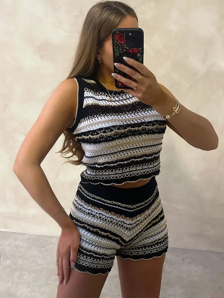 Striped Knit Hollow Out Short Sets Women 2 Piece Set Outfit Streetwear Y2K Clothing Sleeveless Crop Top + Shorts Overalls Female