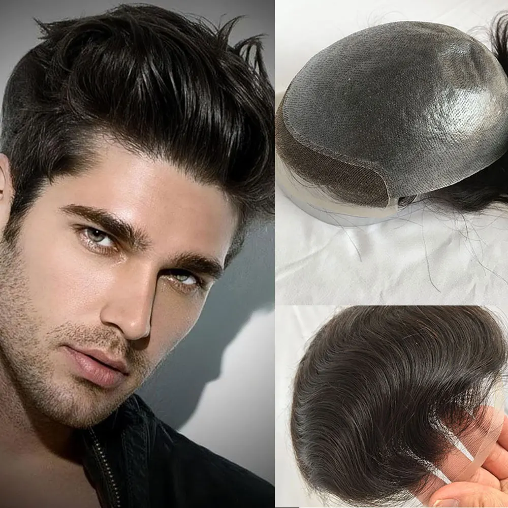 

Lace Front Toupee for Men Hairpieces Human Hair Replacement System 100% European Real Human Hair 8x10inch 1B Black Color