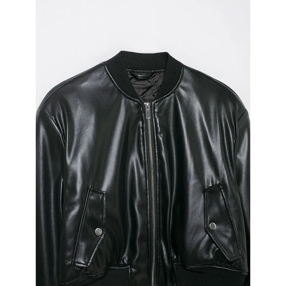 Duoperi moda feminina pu preto zíper frontal bombardeiro jaquetas casual o-pescoço mangas compridas feminino chique senhora outfits