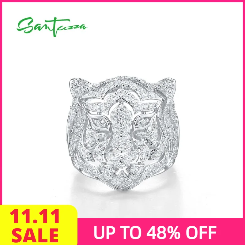 

SANTUZZA Genuine 925 Sterling Silver Neutral Ring For Women / Men Sparkling White Cubic Zirconia Cute Tiger Animal Fine Jewelry