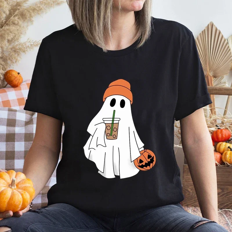 Little Boo Drinking Coffee Halloween Spooky Season Shirt Women T-Shirts Harajuku Graphic Tops Female Summer Fashion Tshirt Tops