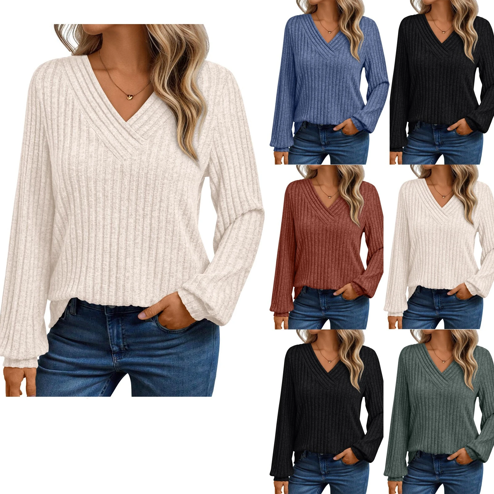 

Women's Long Sleeve Pullover Tops V Neck Solid-Color Stripe Knitted Casual Blouses Office Female Versatile Loose Knitwear Shirts