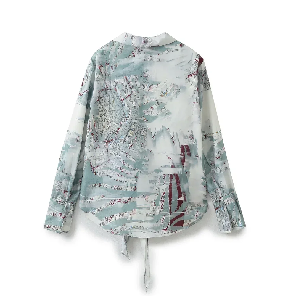 Women's New Fashion Bow Decoration Versatile Printed Asymmetric Shirt Retro Long Sleeve Button Women's Shirt Unique Top