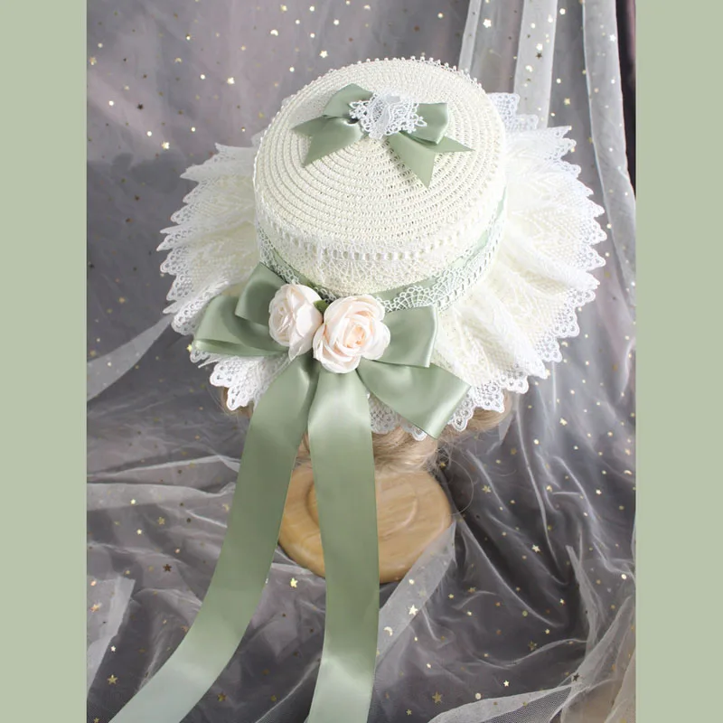 Cappello di paglia Lolita Foresta Dolce fiocco Ragazza francese Fiore Cappello parasole Cappello a cilindro piatto Lolita per bambini