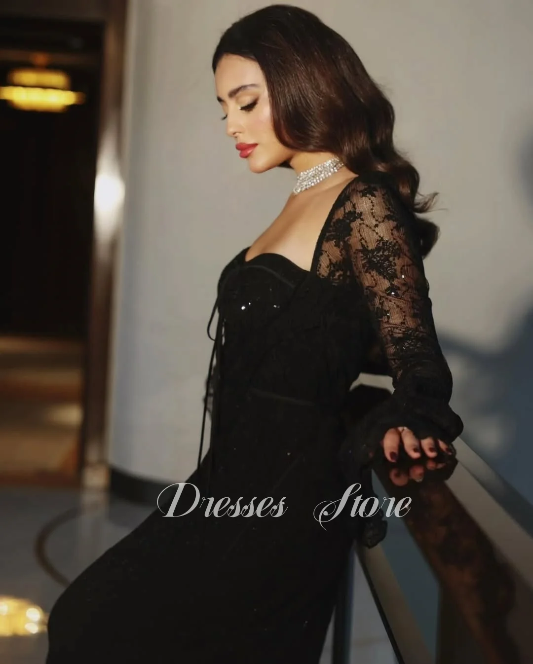 Giyu Elegante Zwarte Zeemeermin Kanten Avondjurk Lange Mouw Sweetheart 2025 فسات Mohamed 1914 Formele Feestjurk Customsied
