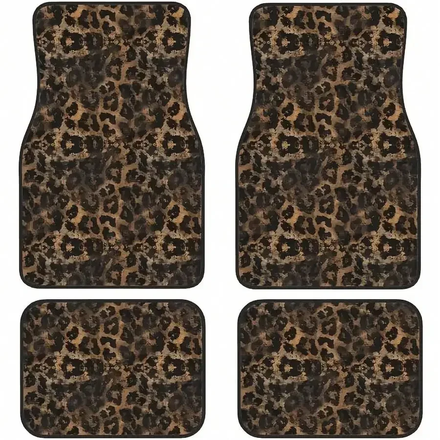 4-Piece Car Floor Mats Set Brown Leopard Pattern Non-Slip Front Rear Universal Fit For Sedan SUV Truck