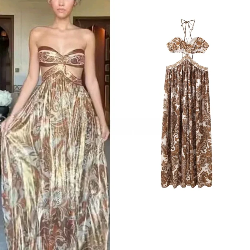 فستان ماكسي نسائي جديد للخريف بطباعة طويلة وياقة على شكل V بدون أكمام مع تصميم شق جانبي من البوليستر بأسلوب عصري للشاطئ والعطلات