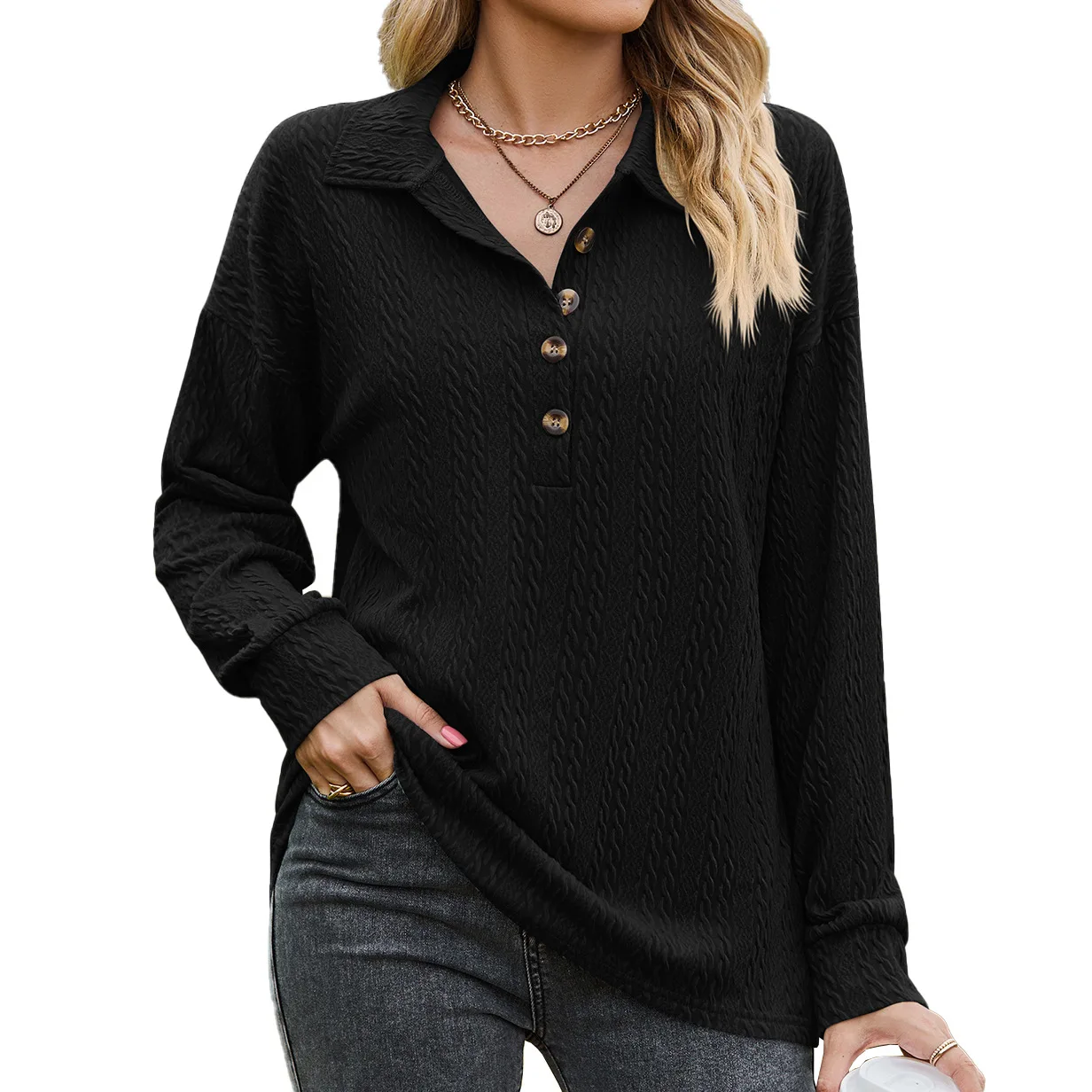 

T-shirt for Women 2023 Autumn and Winter Fashion New Solid Color Lapel Button Loose Long Sleeve Casual Tops