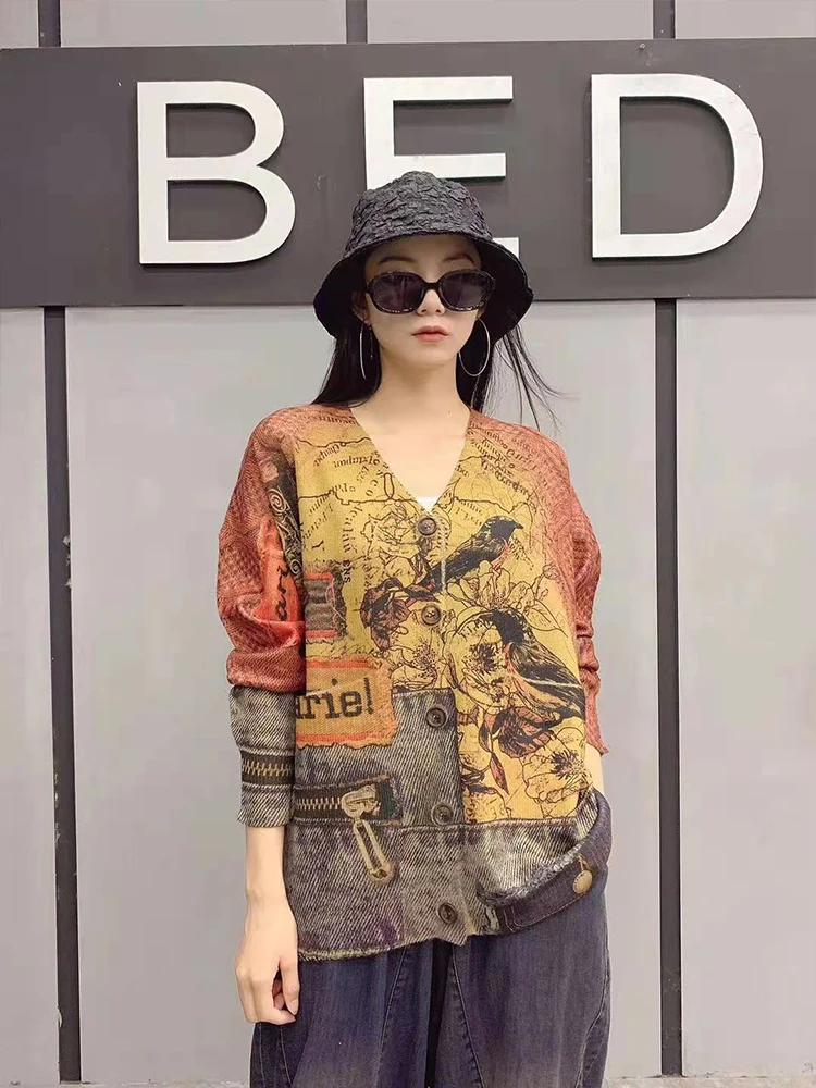 Max LuLu 2024 Autumn Printed Vintage Cardigans Ladies Gothic Harajuku Clothing British Style Women V-neck Casual Loose Sweaters