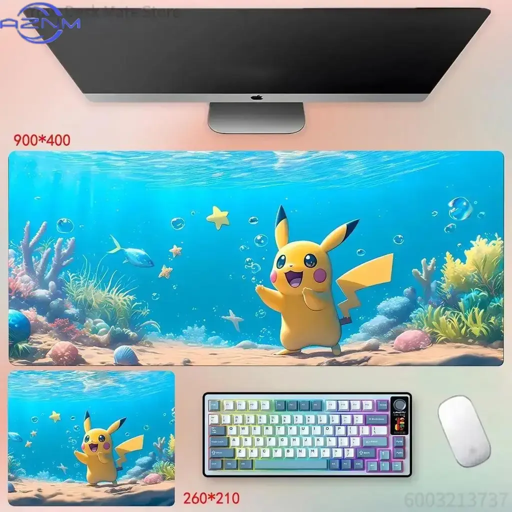 Large Extended Mousepad, Summer Beach Water Splash Scene Cute Yellow Cartoon Creature Art Desk Mat, Rubber Non-Slip Base, Waterp