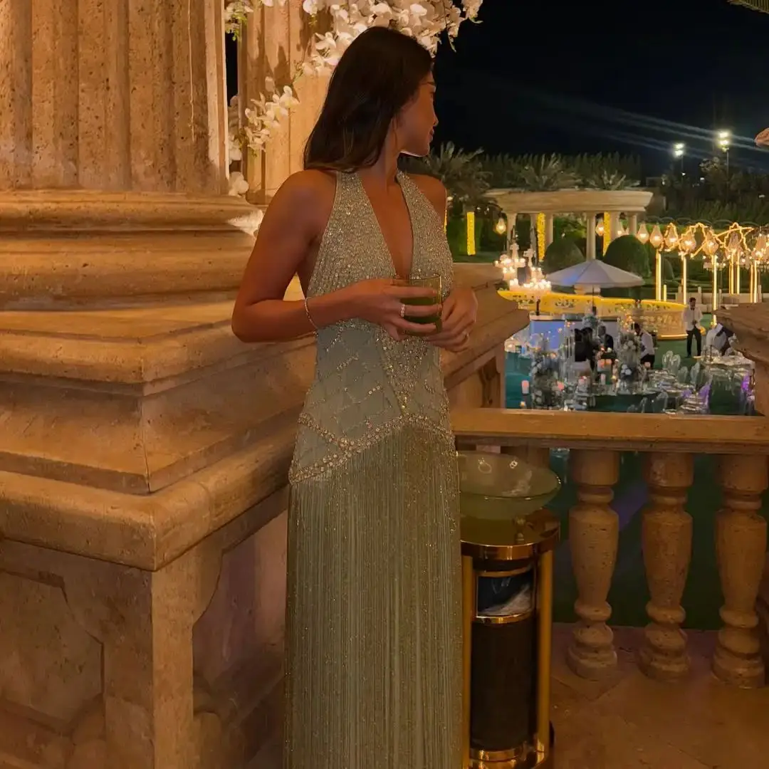 

Ofherown Luxury Beaded Tassel Halter Neck Evening Dresses Backless Diamond Prom Gowns Long Vestidos De Noches for Wedding Gala