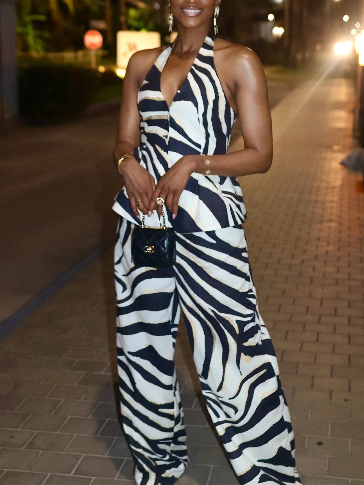 Elegante damesbroek pak knop decoratie sexy mouwloze rugloze slim fit top dierenprint hoge taille rits losse broek