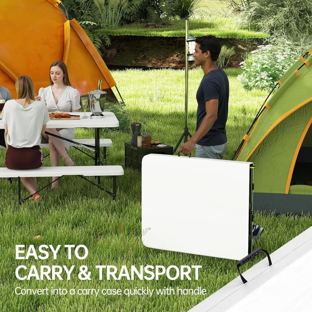 طاولة نزهة مقاس 6 بوصات مع مقعدين، و3 قطع طاولة تخييم قابلة للطي HDPE بيضاء اللون للفناء والحديقة