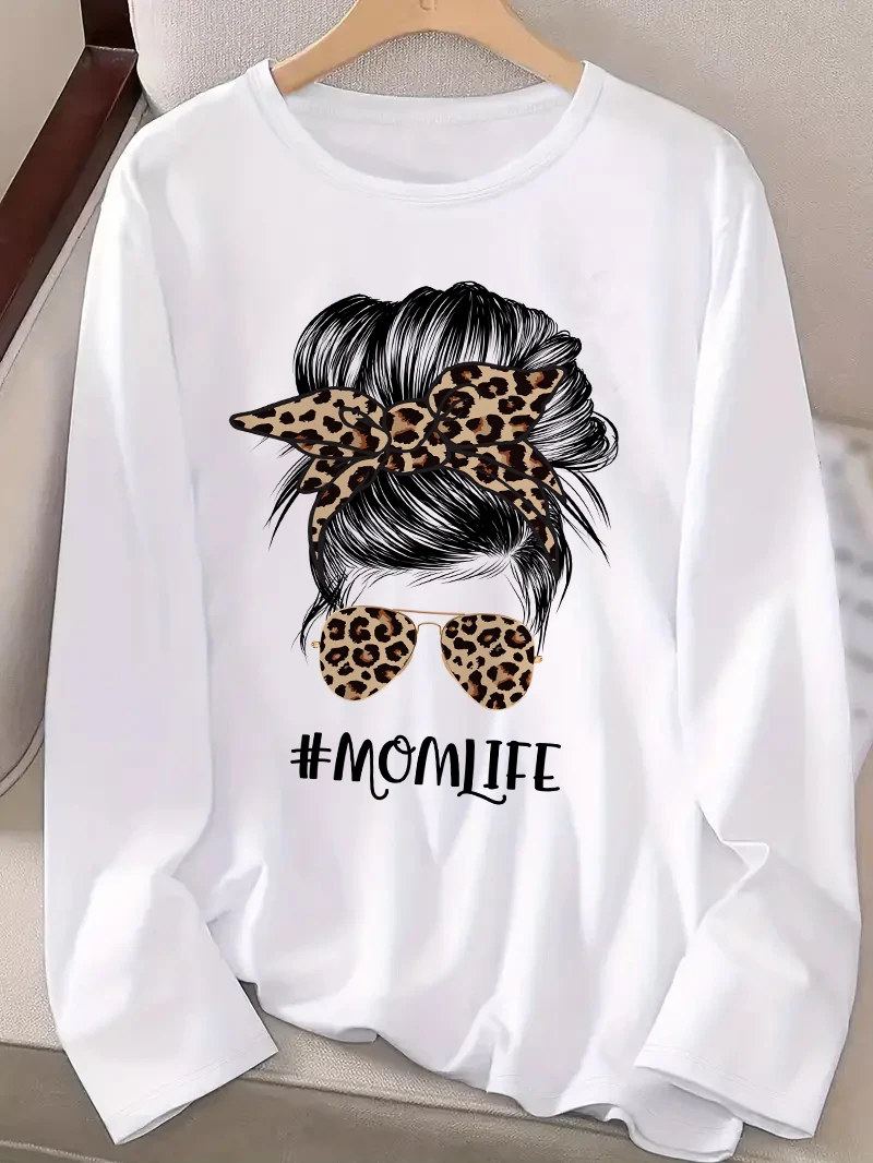 Y2k ليوبارد نظارات القوس صورة الجرافيك أمي الحياة تي شيرت المرأة عادية كم طويل تي شيرت طاقم الرقبة تي شيرت #2