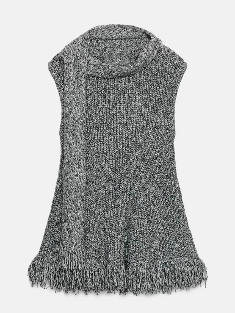 

Chic Solid Scarf Collar Tassel Pullover Women Fashion Sleeveless Waist Cinching Knitted Top Lady 2025 Autumn Daily Street Wears