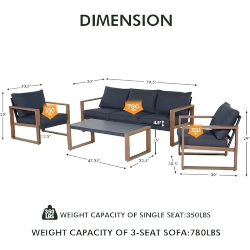 Conversation Set, Faux Wood Grain Finish Frame Sofa with Removable Olefin Extra Thick Cushions and Coffee Table for Garden