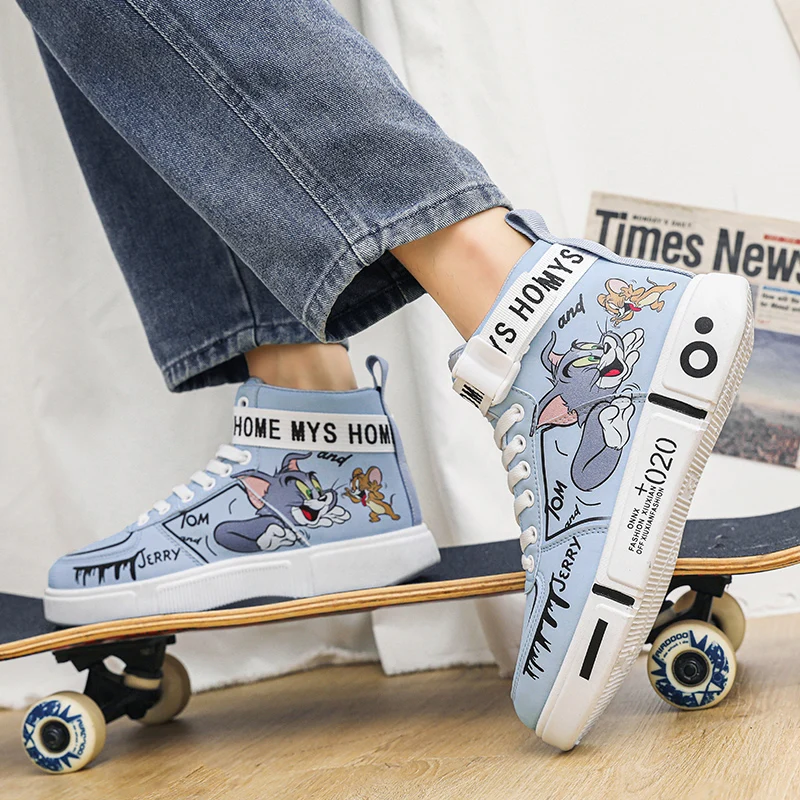 High Top Cartoon Sneakers moda Unisex Casual bianco antiscivolo scarpe da Skateboard da uomo scarpe sportive da donna in pelle con stampa classica