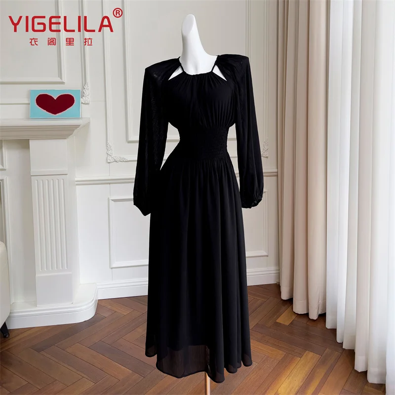 

2023 Elegnat Women Dress Black Chiffon Lantern Sleeves High Waist Dress Mid Length Evening Club Cocktail Party Summer Dresses