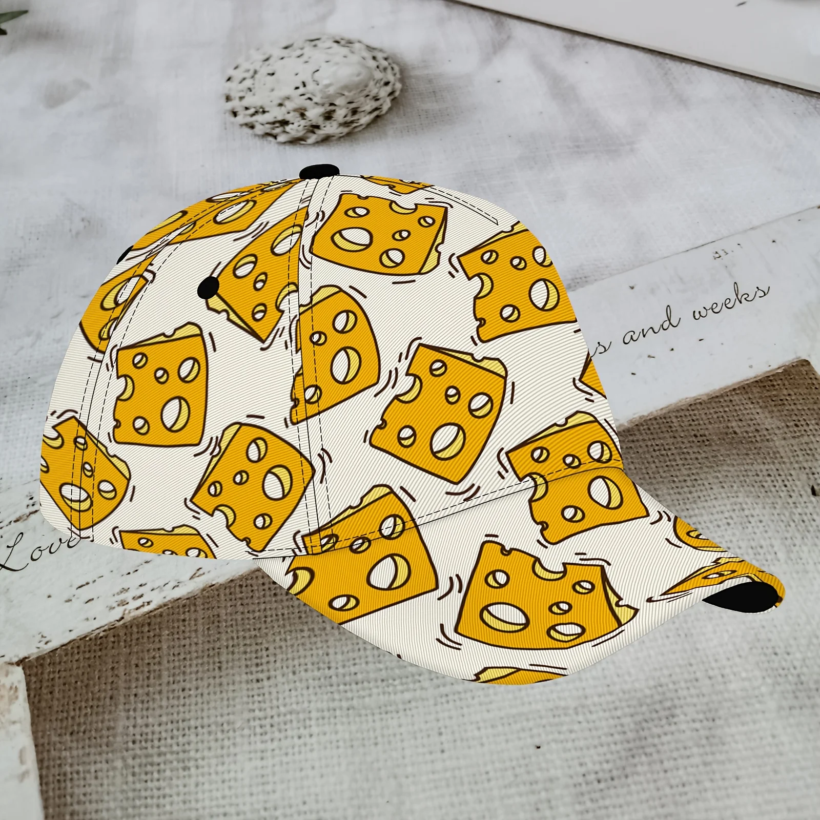 Cheese Slice Print Baseball Cap Cute Cartoon Swiss Cheese Pattern Adjustable Dad Hat Breathable Sun Hat for Food Lovers
