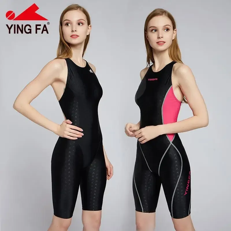 FINA Certified Women's Knee-length One-piece Racing Swimsuit Shark Fabric High Elastic Chlorine Resistant for Swimming Training