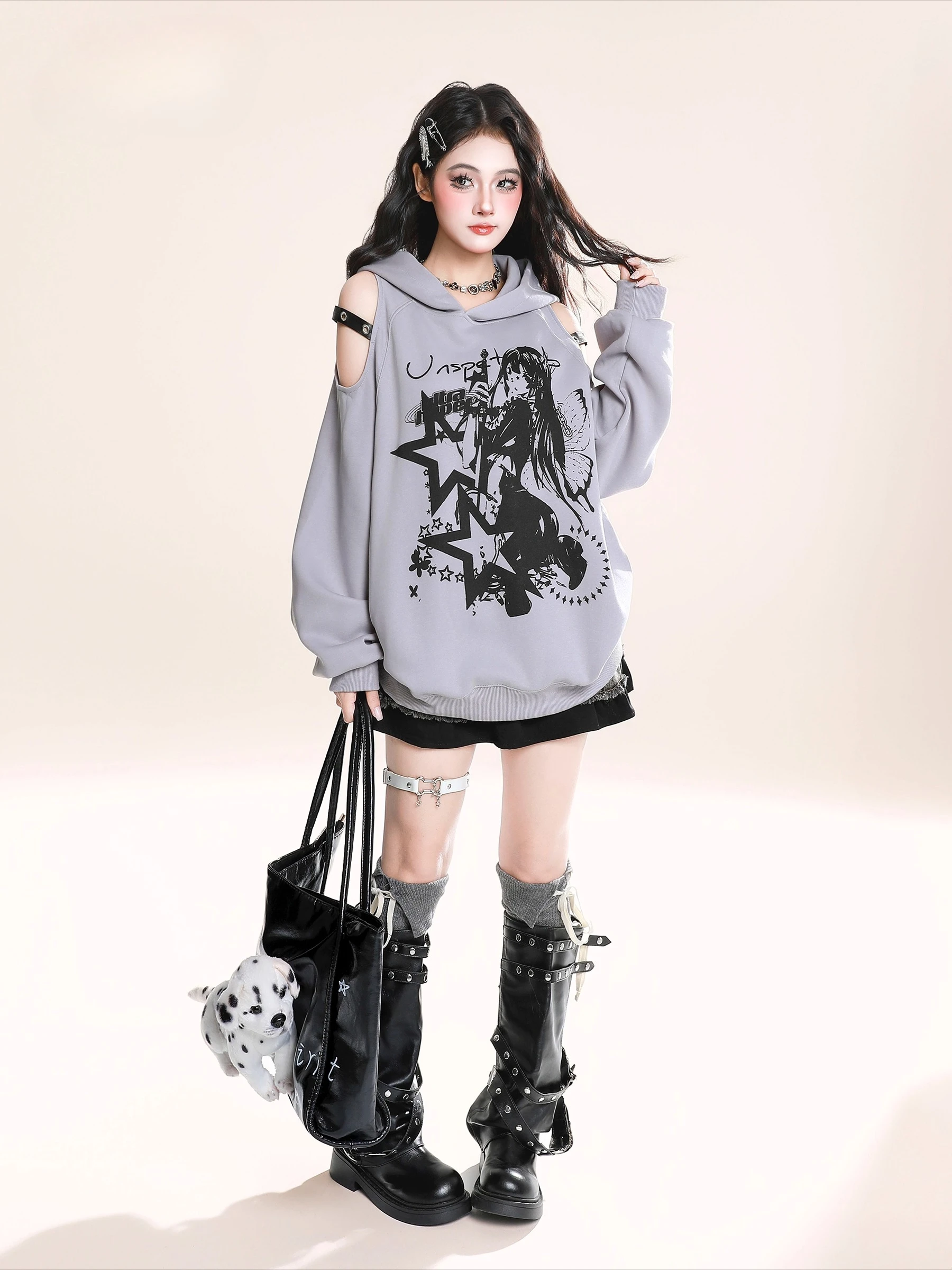 Fashion Sweet Cool Girl Graffiti Printed Off-Shoulder Long Sleeve Hoodie Versatile Loose Casual Pullover Sweatshirt Women Autumn