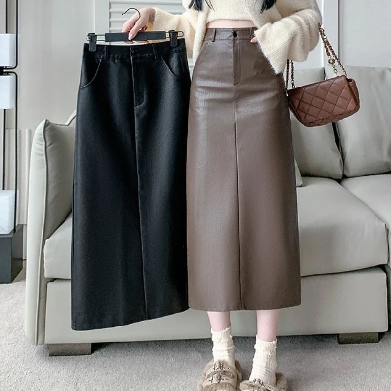 

Autumn Winter High Waist Vintage Washed PU Leather Women's Sheath Wrap Long Skirts 2025 Back Split Office A-line Skirts Female