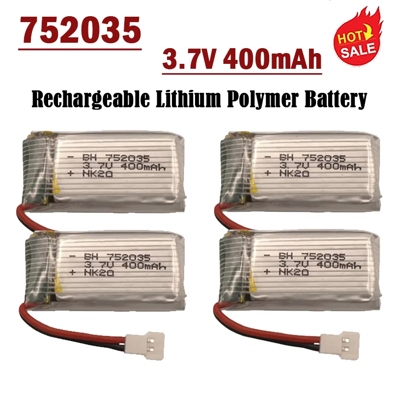 New 3.7V 400mAh 752035 Lipo Battery Rechargeable for Hubsan X4 H107 H107L H107D JD385 JD388 RC Drone Batteries Plug 25C Powered