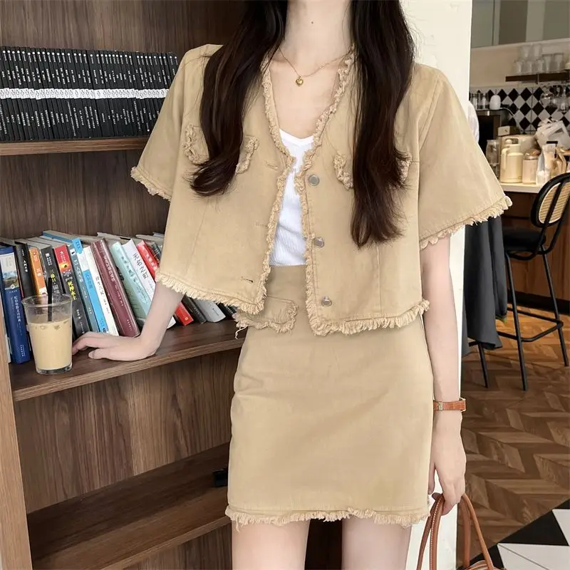 Short 2 Pieces Skirt Sets For Women Formal Event Y2k Street Wear Elegant Sleeve Casual Occasion Korea Mini Woman Outfit