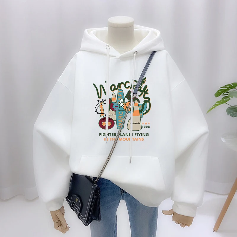 Autumn Winter Women Clothing Vintage Loose Casual Cotton Sweatshirts Cartoon Printed O-neck Top Pullovers Y2K Pocket Hoodies