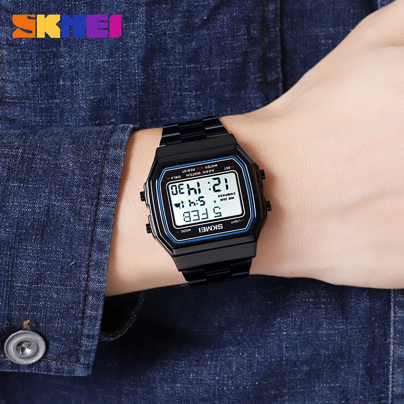 SKMEI All-steel Display Stopwatch Sports Watches Mens Muslim Prayer Azan Compass Alarm Hijri Islamic Male Digital Wristwatches