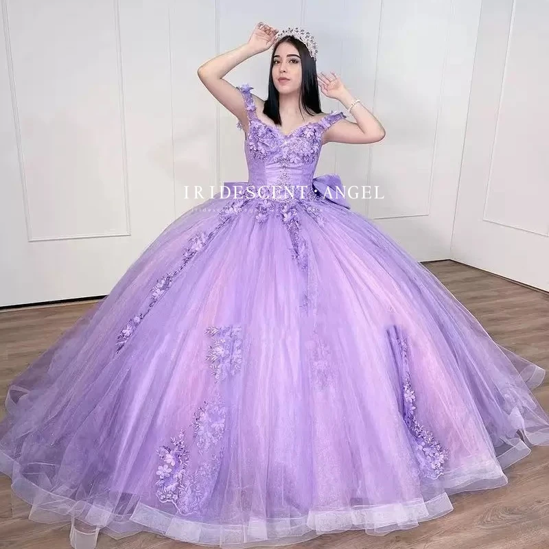 Gaun pesta bunga 3D busur besar Lilac warna-warni gaun Quinceanera applique Cinderella gaun putri 16 Vestidos De 15 Anos