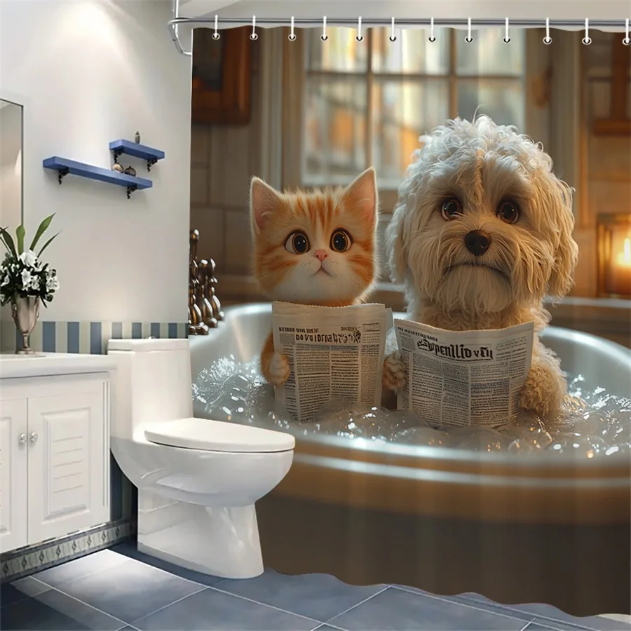 1pc 2D Flat Shower Curtain, Ginger Tabby Kitten & White Poodle Reading Newspaper Printed Shower Curtain
