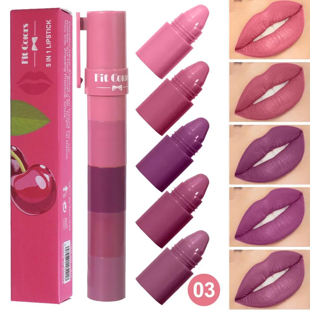 5 In 1 Matte Lipstick Multicolored Matte Lipstick Crayon Kit Red Purple Lip Tints, Velvet Finish, Long-Lasting Lip Makeup