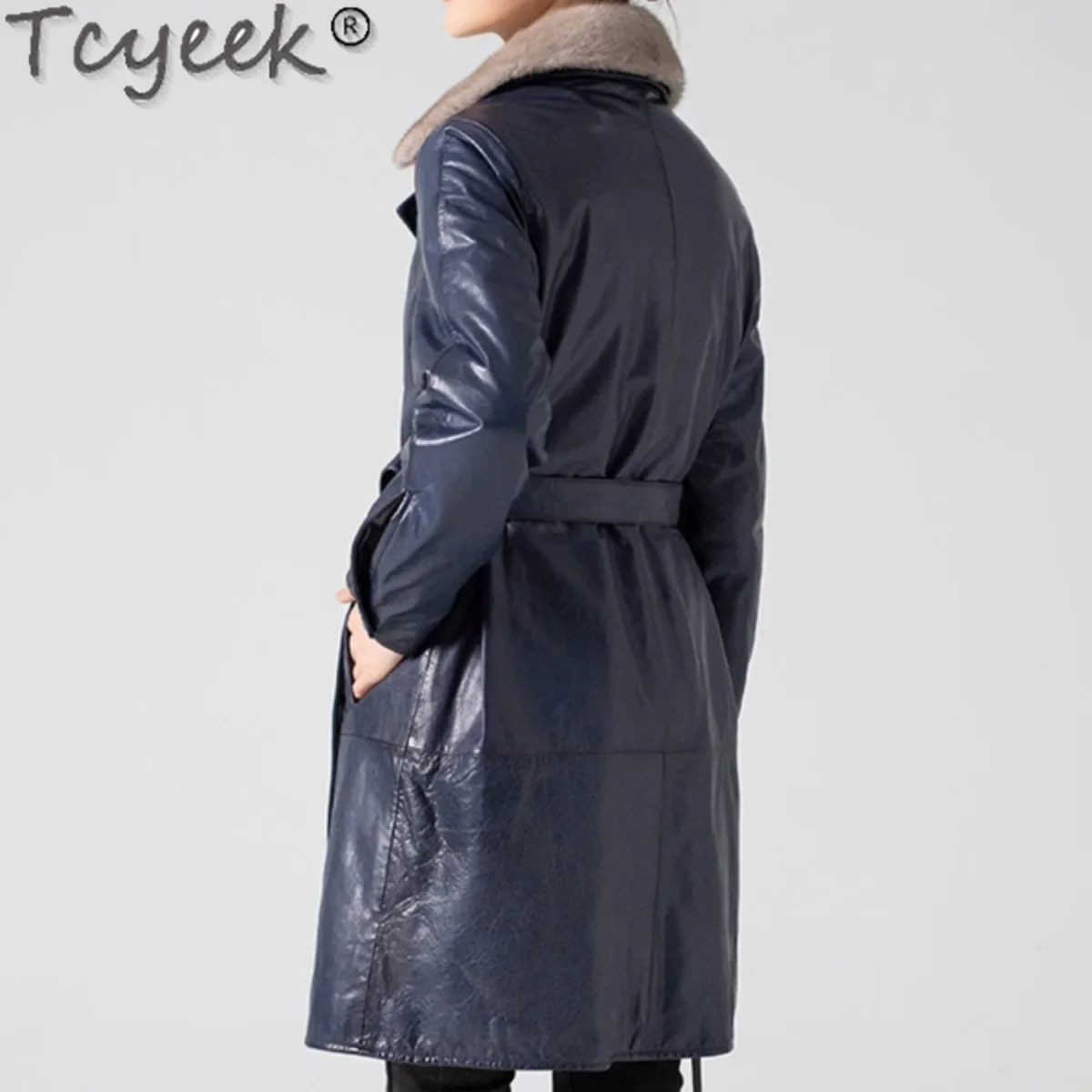 Tcyeek, chaqueta de cuero genuino para mujer, chaquetas de invierno cálidas con cuello de piel de visón, abrigo de piel de oveja con cera de aceite de longitud media para mujer, ropa 2024