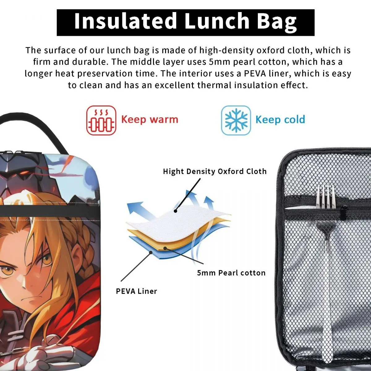 Fullmetal Alchemist Adventure Geïsoleerde Lunchzakken Thermische Zak Lunchcontainer Lekvrije Draagtas Lunchbox Voor Mannen Vrouwen Reizen