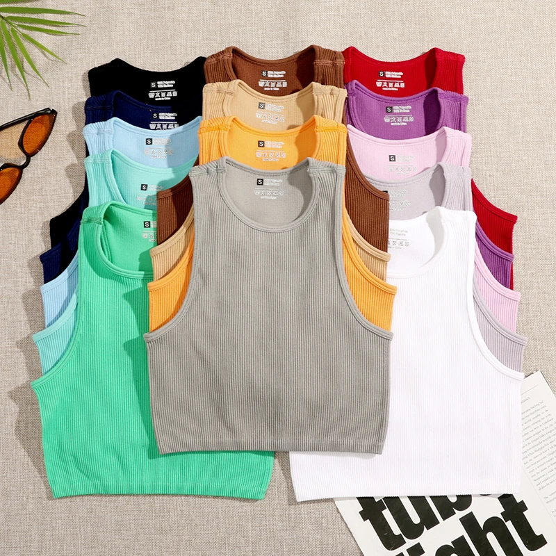 Top corto liso para mujer, Camisetas básicas, chaleco sin costuras, ropa de calle elástica de punto acanalado, camisetas sin mangas informales para mujer