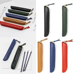 Solid Color PU Leather Pen Bag Stationery Storage Bag Pen Protective Bag Student Business Curved Zipper Portable Pen Pouch