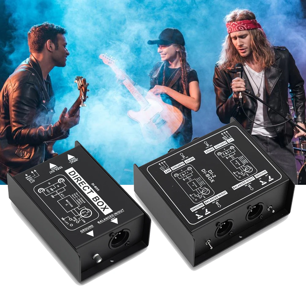 Caja DI pasiva profesional: eliminador de Hum para guitarra/bajo con conectores XLR y TRS, convertidor de señal Bal/Unbal, actuaciones en vivo