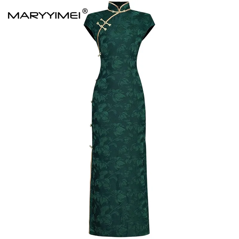 

MARYYIMEI Fashion Designer dress Summer Women's Dress Standing collar Package hip Print Split Chinese Style Slim Dresses