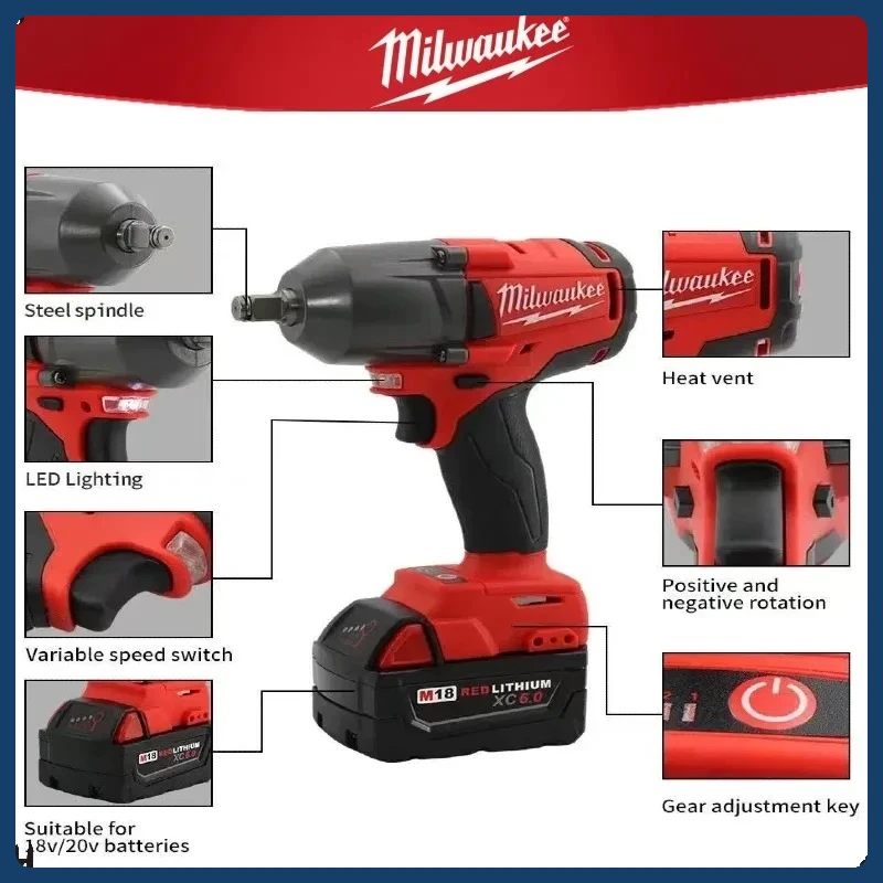 ประแจไฟฟ้าไร้สาย Milwaukee 1300NM แรงบิดสูง ประแจกระแทกไร้แปรงถ่าน สำหรับซ่อมรถยนต์ รถบรรทุก เครื่องมือไฟฟ้า ใช้กับแบตเตอรี่ 18V