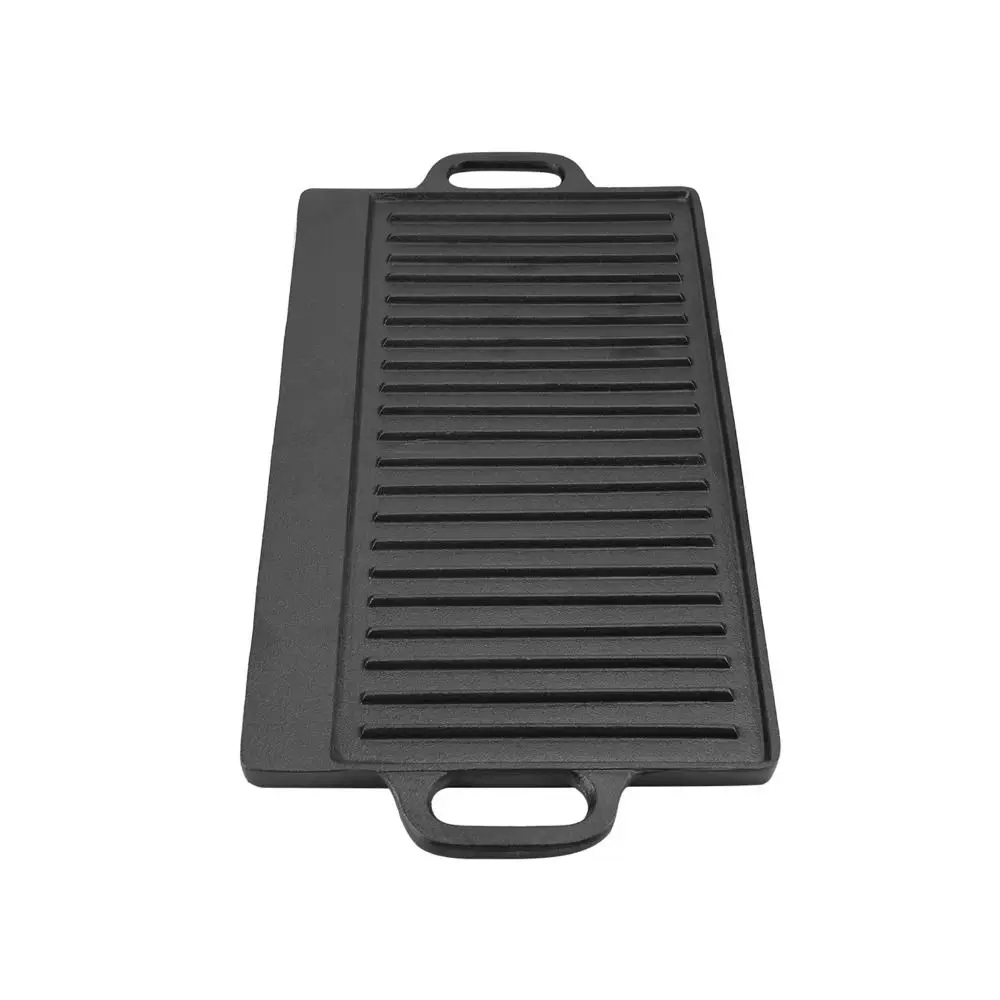 Double Sided Cast Iron Griddle Reversible Rectangular Shape BBQ Griddle Plate Durable Striped Surface Grilling Pan Camping