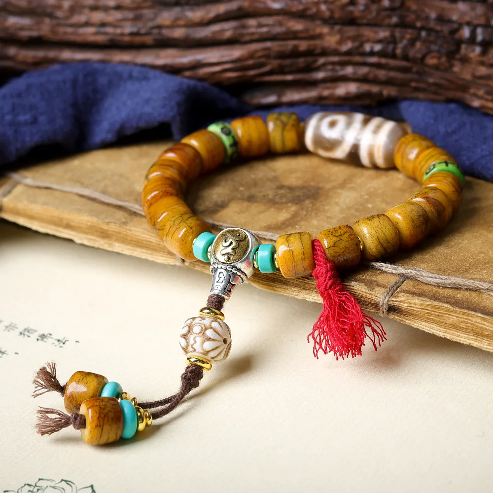 

Tibetan Jewellery Yak Bone Barrel Bead Single-ring Bracelet Original Cultural Games Agate Dzi Bead Strings charm bracelet