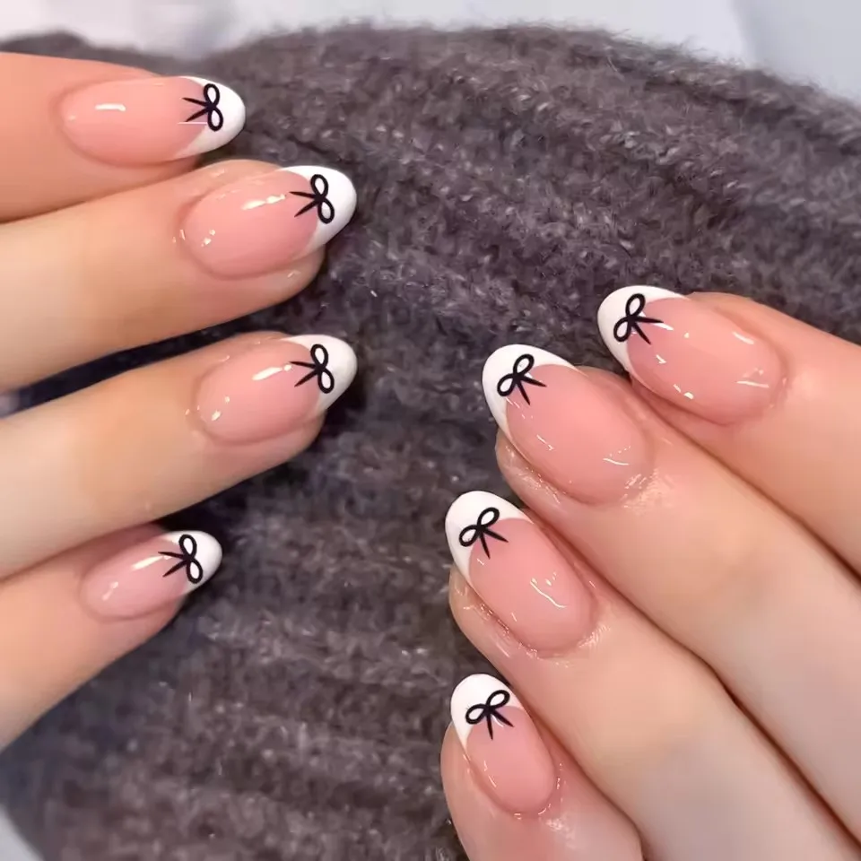 

Накладные ногти средней длины, 24 шт., белые с французским кончиком, в форме балерина, с розово-белым цветочным принтом, для весенне-летнего DIY маникюра