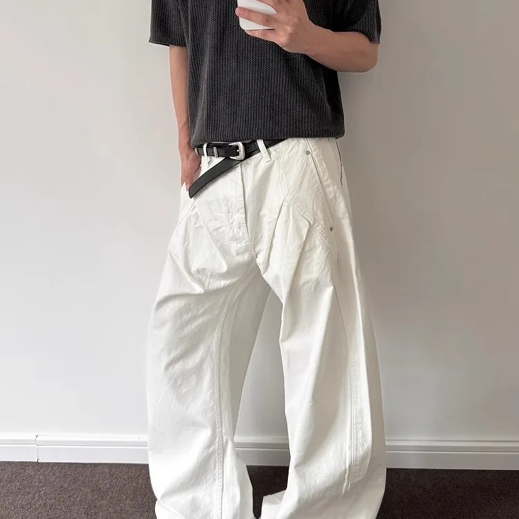 Calças Jeans Americanas Retrô Cleanfit com Pregas Duplas, Corte Sob Medida, Estilo Workwear, Unissex, Soltas, Retas e Casuais